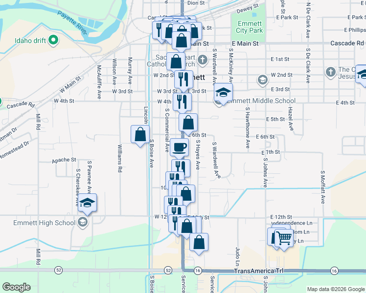 map of restaurants, bars, coffee shops, grocery stores, and more near 723 South Washington Avenue in Emmett