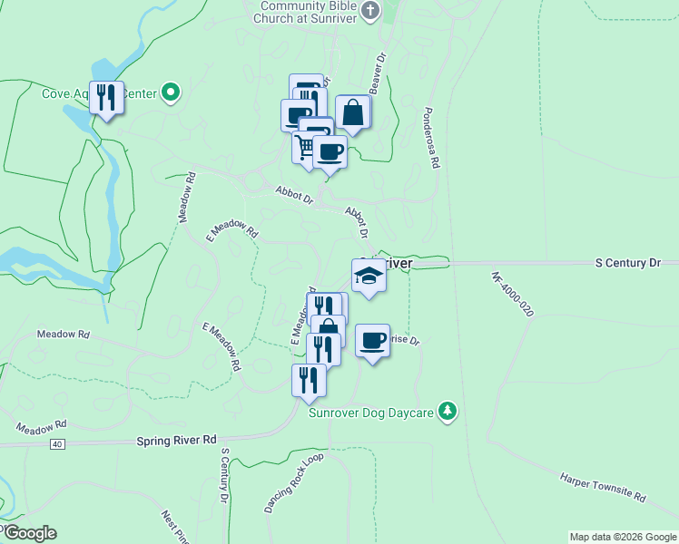 map of restaurants, bars, coffee shops, grocery stores, and more near 57078 Peppermill Circle in Sunriver