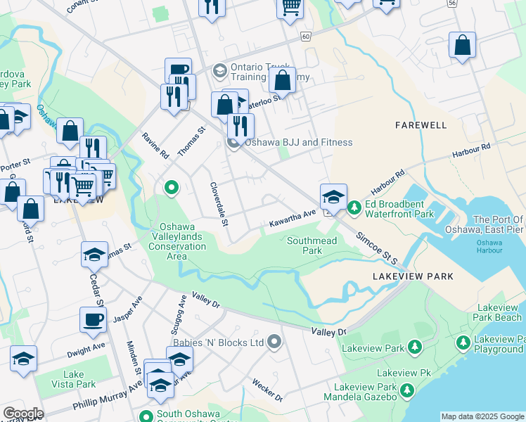 map of restaurants, bars, coffee shops, grocery stores, and more near in Oshawa
