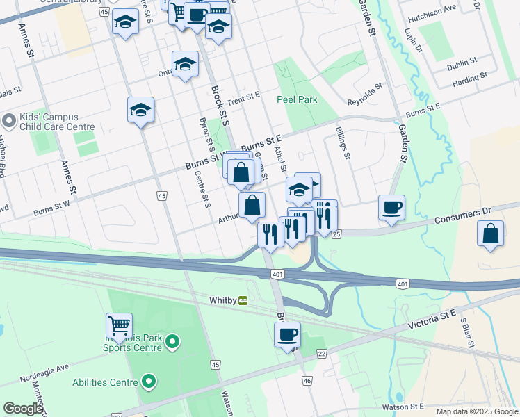 map of restaurants, bars, coffee shops, grocery stores, and more near 1122 Brock Street South in Whitby