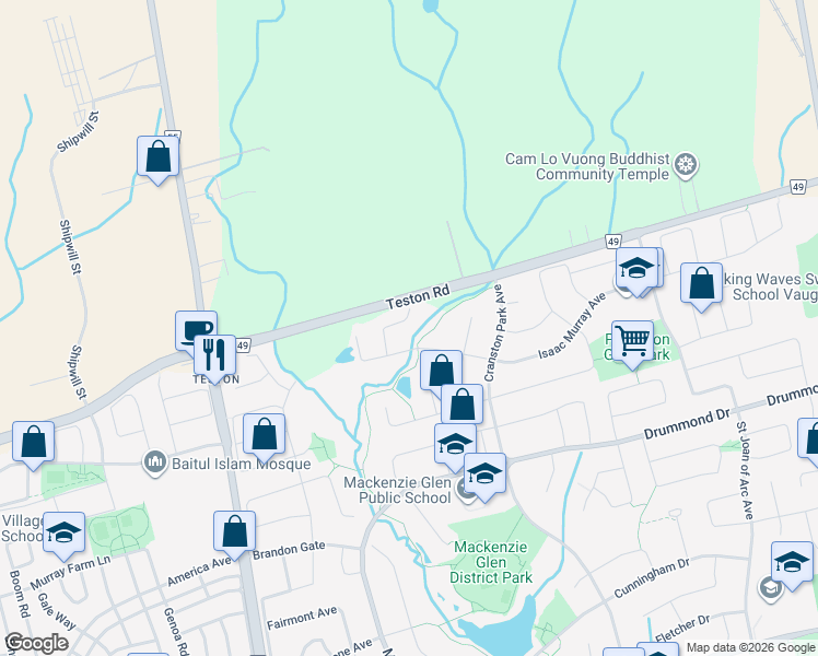 map of restaurants, bars, coffee shops, grocery stores, and more near 47 Cooper Creek Court in Vaughan
