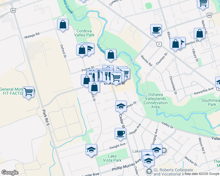 map of restaurants, bars, coffee shops, grocery stores, and more near 1092 Cedar Street in Oshawa