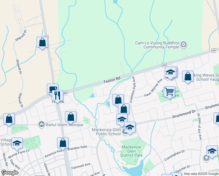 map of restaurants, bars, coffee shops, grocery stores, and more near 47 Cooper Creek Court in Vaughan