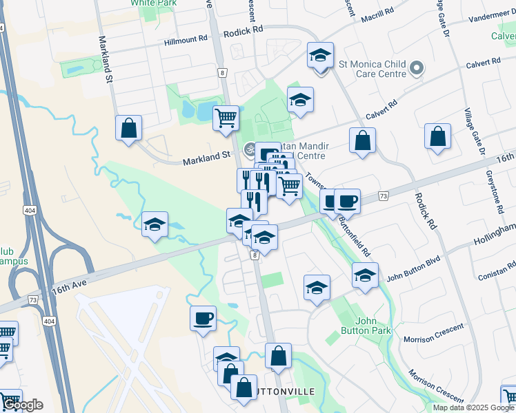 map of restaurants, bars, coffee shops, grocery stores, and more near in Markham