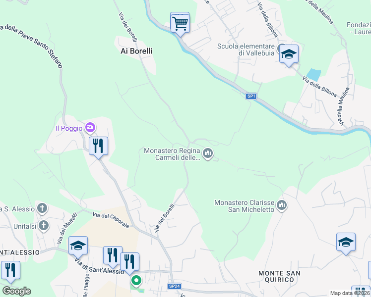 map of restaurants, bars, coffee shops, grocery stores, and more near 711 Via dei Borelli in Lucca