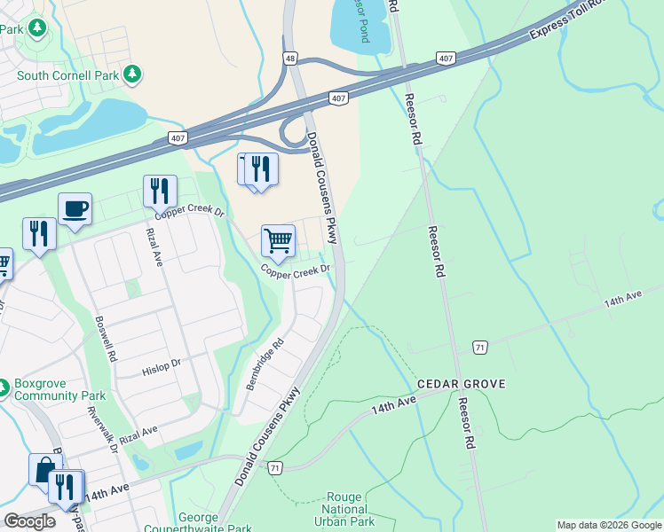 map of restaurants, bars, coffee shops, grocery stores, and more near 656 Copper Creek Drive in Markham