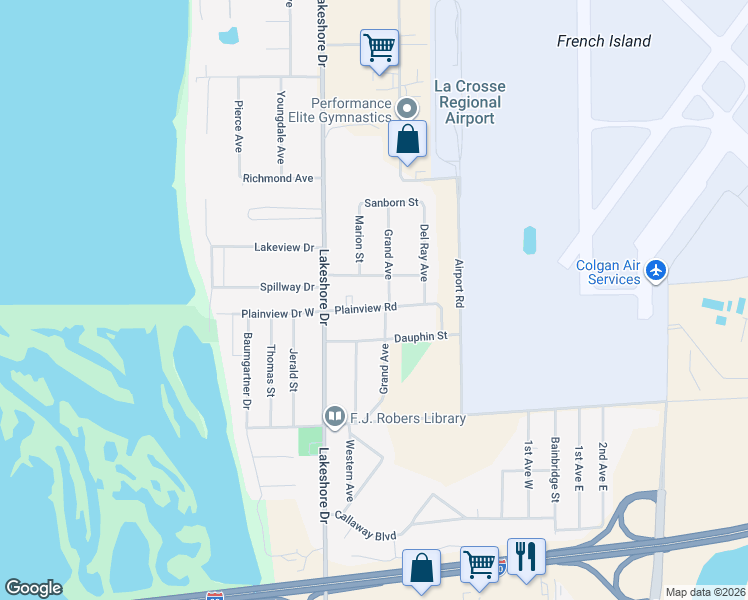 map of restaurants, bars, coffee shops, grocery stores, and more near 603 Plainview Road in La Crosse