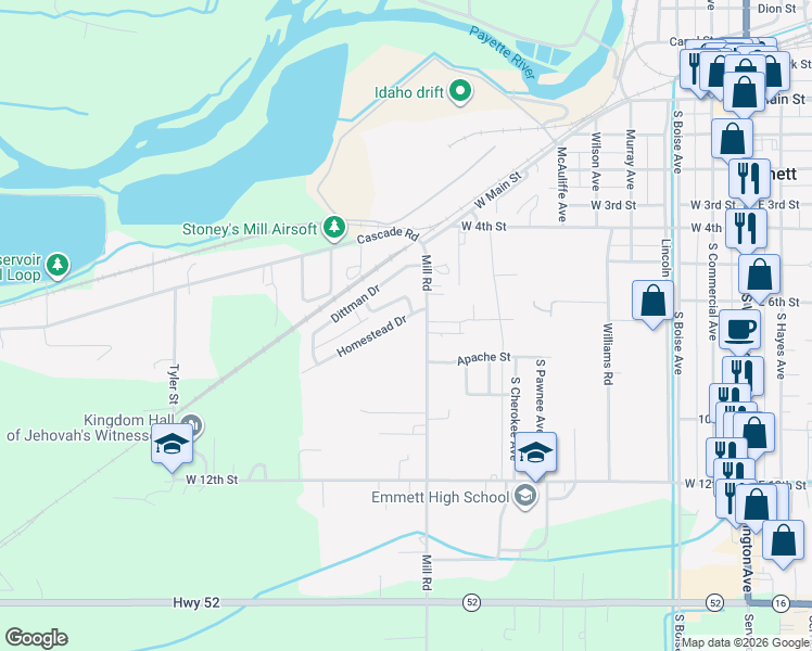 map of restaurants, bars, coffee shops, grocery stores, and more near 1005 Homestead Drive in Emmett