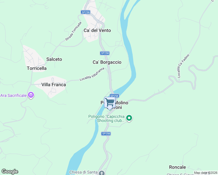 map of restaurants, bars, coffee shops, grocery stores, and more near 132 Via Ponte Baffoni in Provincia di Rimini