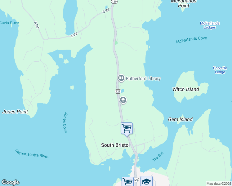 map of restaurants, bars, coffee shops, grocery stores, and more near 2007 Maine 129 in South Bristol