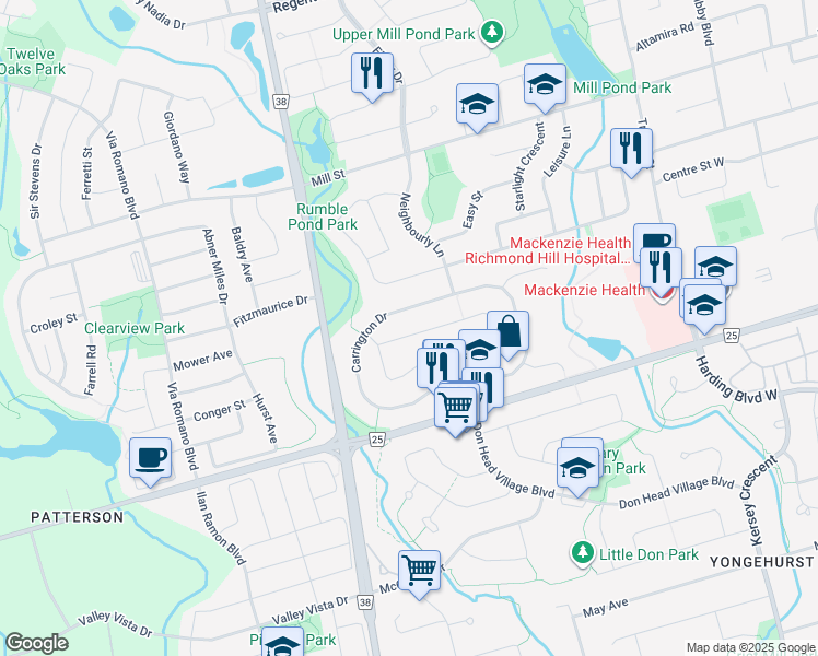 map of restaurants, bars, coffee shops, grocery stores, and more near 63 Crystal Drive in Richmond Hill