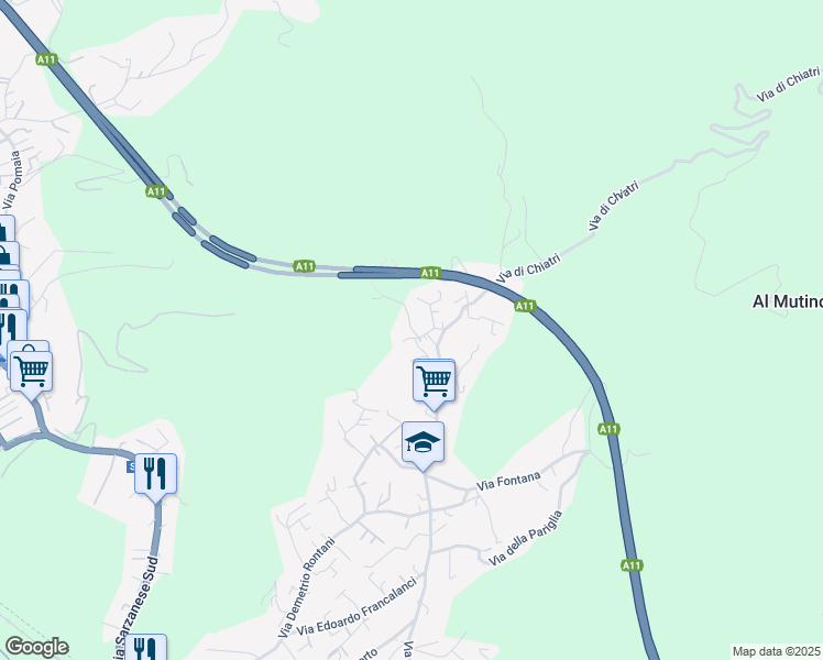 map of restaurants, bars, coffee shops, grocery stores, and more near 21 Via Santa Croce in Bozzano