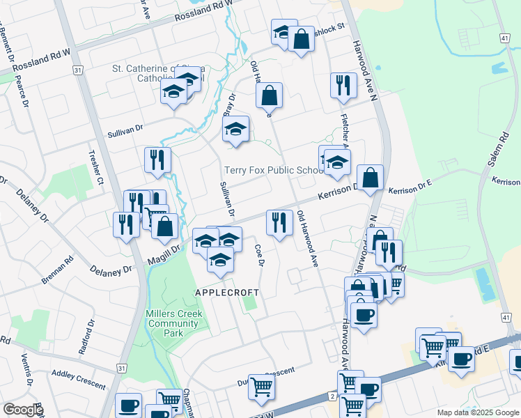 map of restaurants, bars, coffee shops, grocery stores, and more near 30 Magill Drive in Ajax