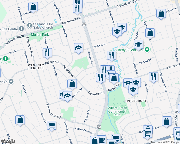 map of restaurants, bars, coffee shops, grocery stores, and more near in Ajax