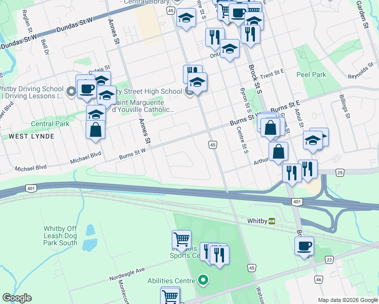 map of restaurants, bars, coffee shops, grocery stores, and more near 920 Greenwood Crescent in Whitby