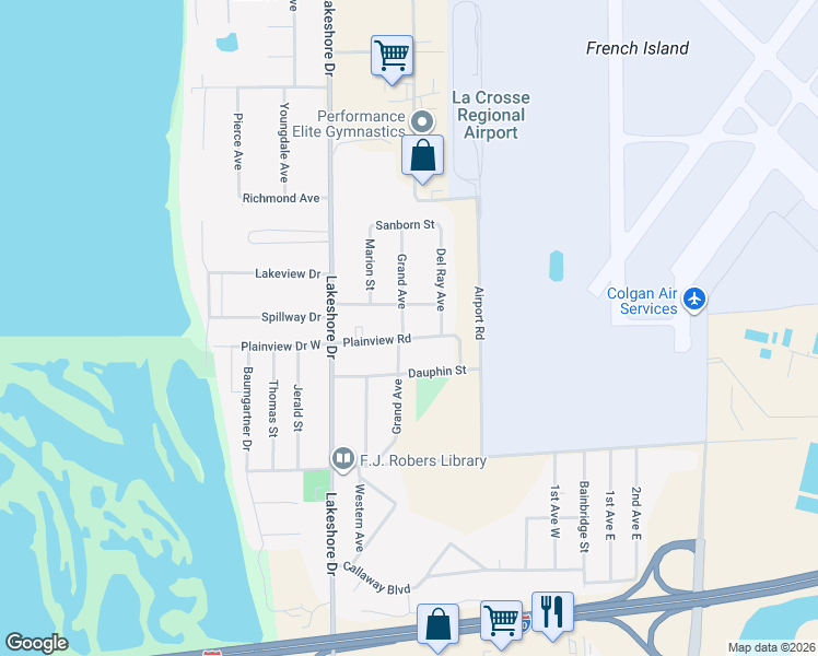 map of restaurants, bars, coffee shops, grocery stores, and more near 603 Plainview Road in La Crosse