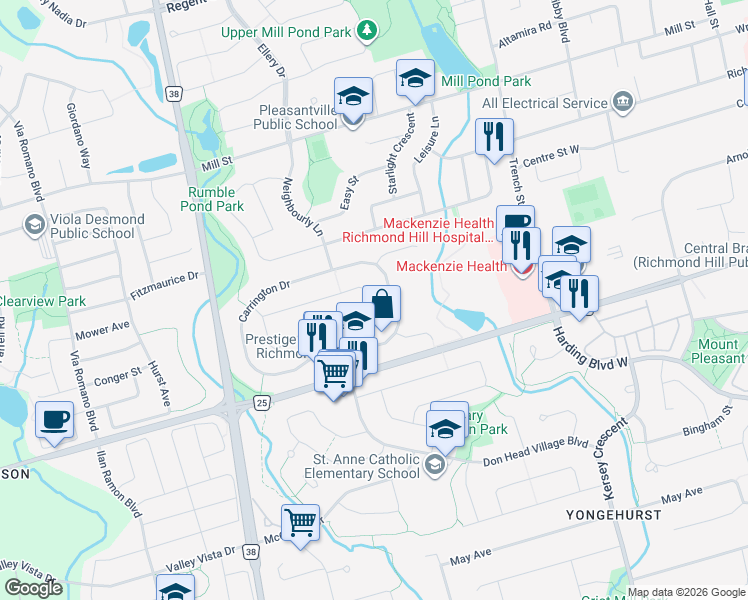 map of restaurants, bars, coffee shops, grocery stores, and more near 15 Crystal Drive in Richmond Hill