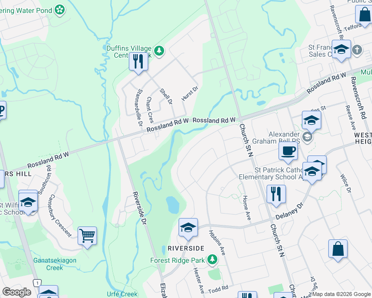 map of restaurants, bars, coffee shops, grocery stores, and more near 78 Roberson Drive in Ajax