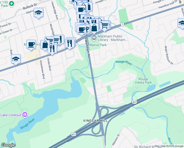 map of restaurants, bars, coffee shops, grocery stores, and more near 68 Main Street Markham South in Markham