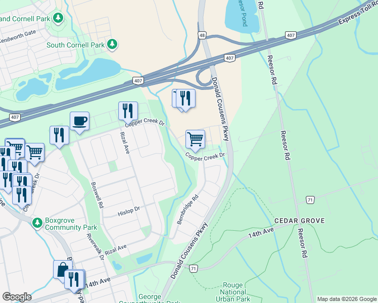 map of restaurants, bars, coffee shops, grocery stores, and more near 33 Saigen Lane in Markham