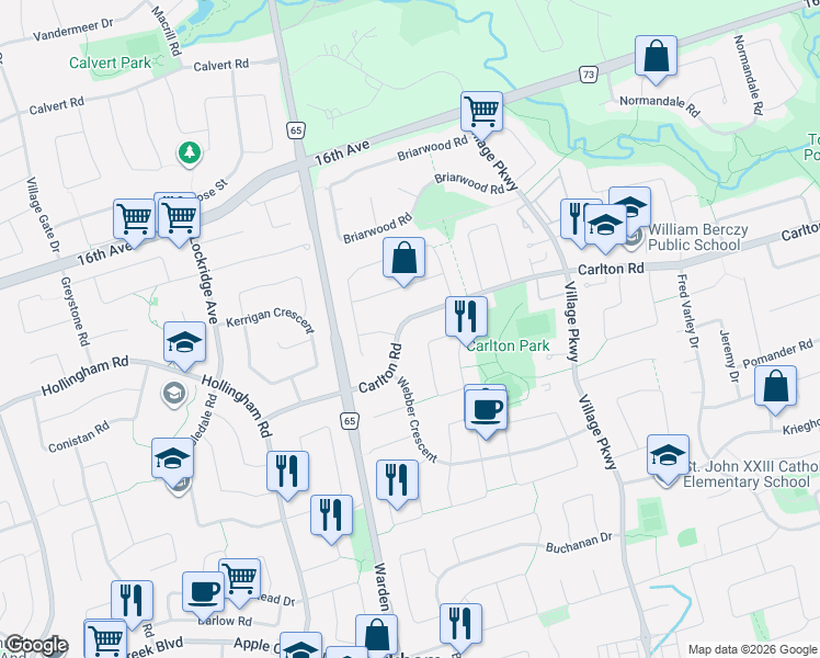 map of restaurants, bars, coffee shops, grocery stores, and more near 43 Carlton Road in Markham
