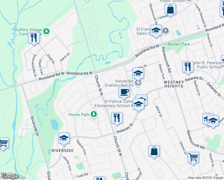 map of restaurants, bars, coffee shops, grocery stores, and more near 92 Thorp Crescent in Ajax