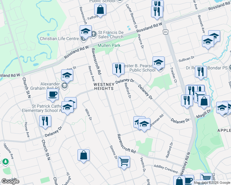 map of restaurants, bars, coffee shops, grocery stores, and more near 164 Daniels Crescent in Ajax