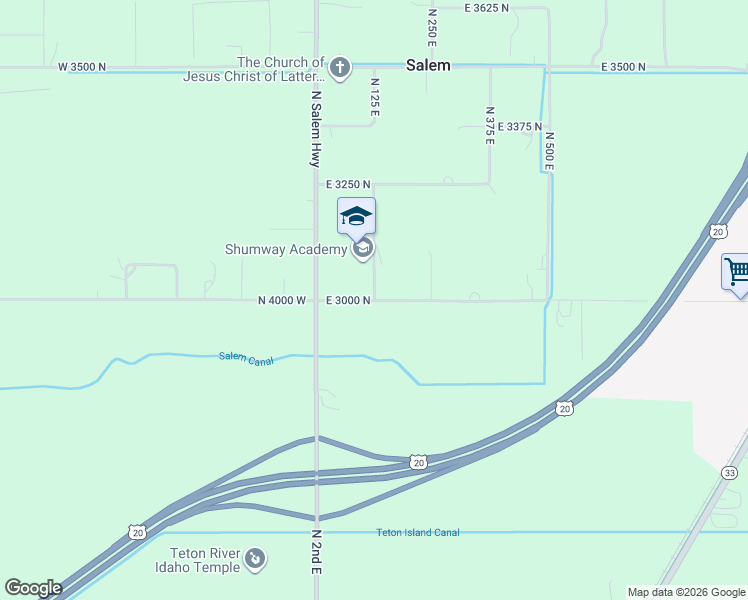 map of restaurants, bars, coffee shops, grocery stores, and more near 3001 North 125 East in Sugar City
