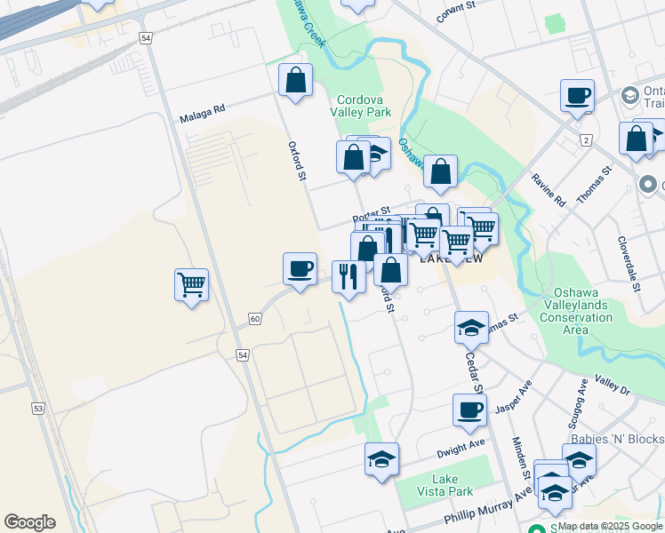 map of restaurants, bars, coffee shops, grocery stores, and more near 39 Wentworth Street West in Oshawa