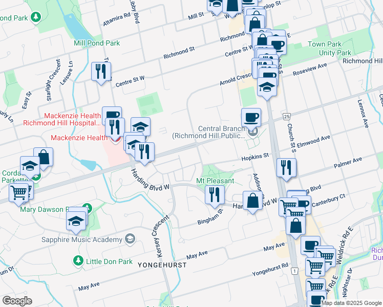 map of restaurants, bars, coffee shops, grocery stores, and more near 191 Major Mackenzie Drive West in Richmond Hill