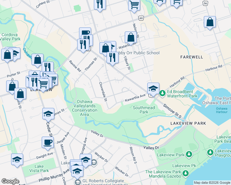 map of restaurants, bars, coffee shops, grocery stores, and more near 116 Southlawn Avenue in Oshawa
