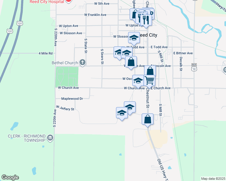 map of restaurants, bars, coffee shops, grocery stores, and more near 329 West Church Avenue in Reed City