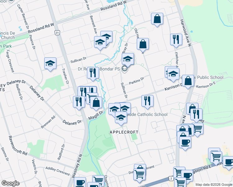map of restaurants, bars, coffee shops, grocery stores, and more near 11 Noake Crescent in Ajax