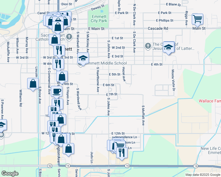 map of restaurants, bars, coffee shops, grocery stores, and more near 720 South Johns Avenue in Emmett