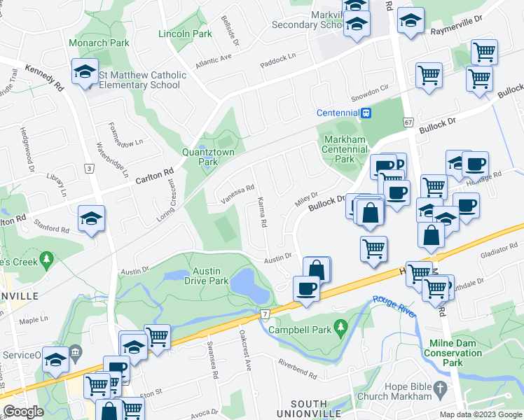 map of restaurants, bars, coffee shops, grocery stores, and more near Karma Road in Markham