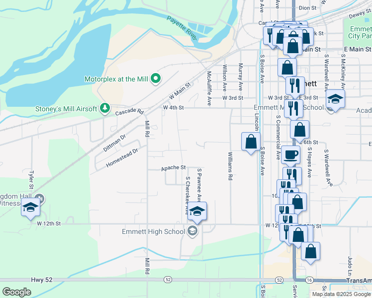 map of restaurants, bars, coffee shops, grocery stores, and more near 860 Apache Street in Emmett