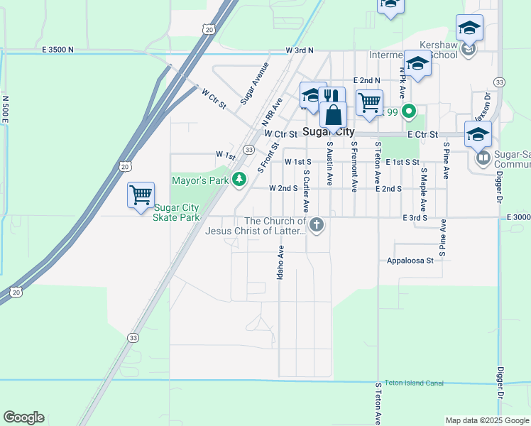 map of restaurants, bars, coffee shops, grocery stores, and more near 215 West 3rd South in Sugar City