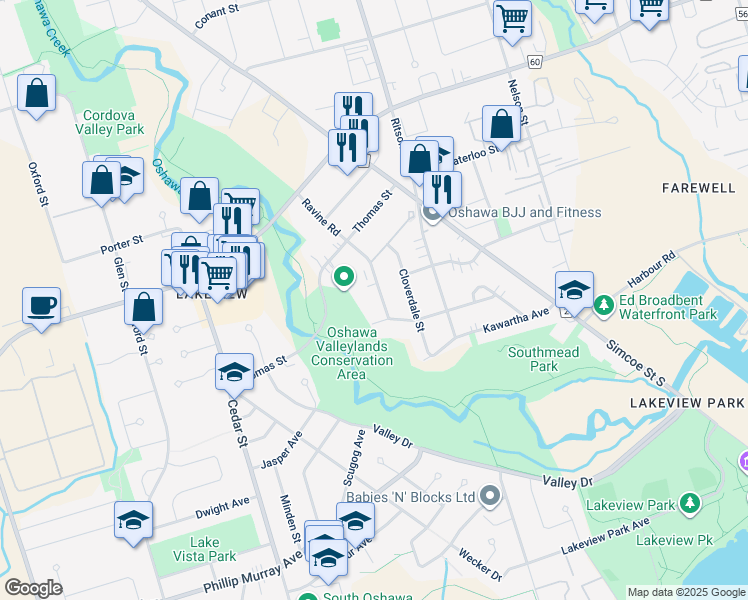 map of restaurants, bars, coffee shops, grocery stores, and more near 1199 Ravine Road in Oshawa