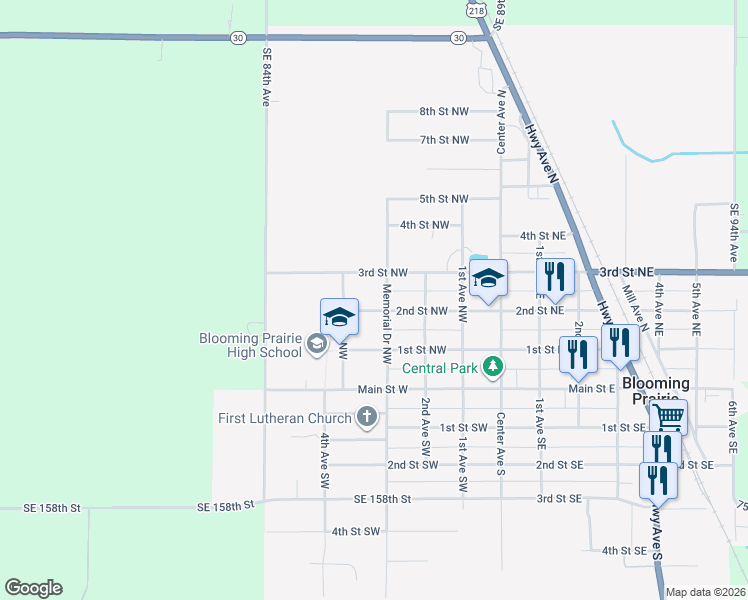 map of restaurants, bars, coffee shops, grocery stores, and more near 431 2nd Street Northwest in Blooming Prairie