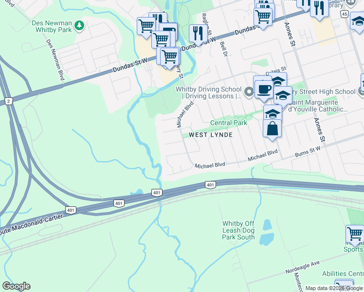 map of restaurants, bars, coffee shops, grocery stores, and more near in Whitby