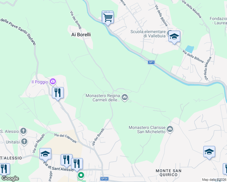 map of restaurants, bars, coffee shops, grocery stores, and more near 711 Via dei Borelli in Lucca