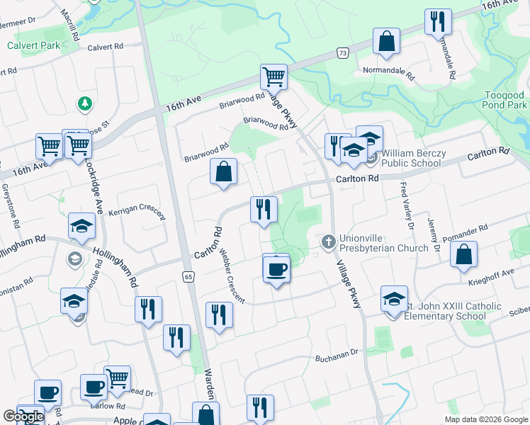 map of restaurants, bars, coffee shops, grocery stores, and more near 86 Liebeck Crescent in Markham
