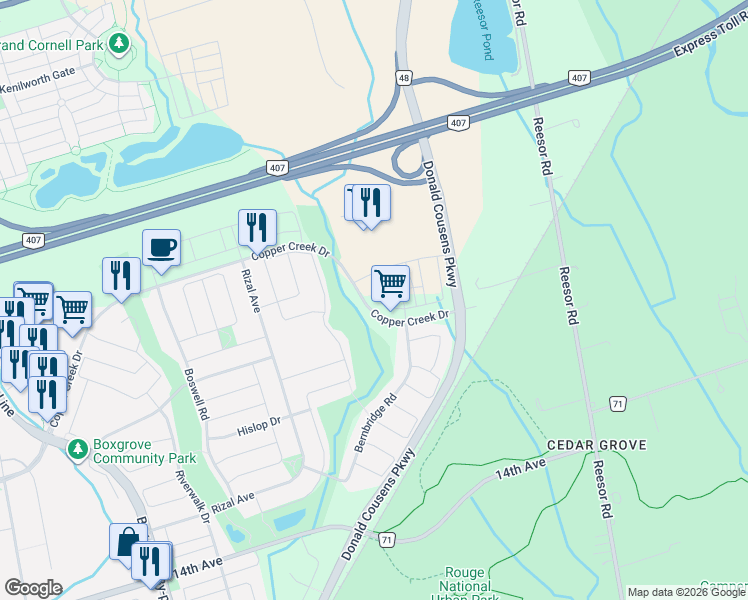 map of restaurants, bars, coffee shops, grocery stores, and more near 47 Saigen Lane in Markham