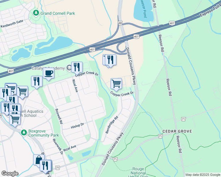 map of restaurants, bars, coffee shops, grocery stores, and more near 47 Saigen Lane in Markham
