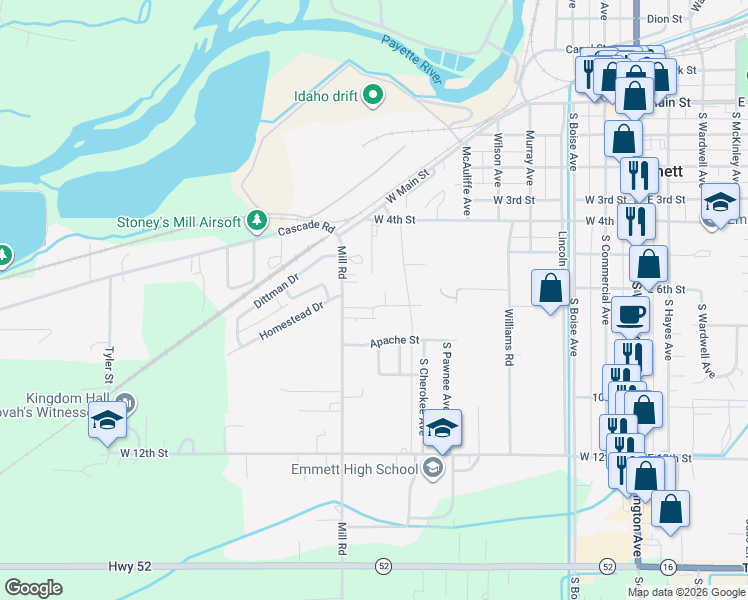 map of restaurants, bars, coffee shops, grocery stores, and more near 734 Mill Road in Emmett
