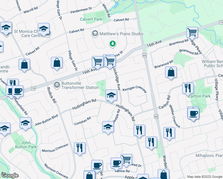 map of restaurants, bars, coffee shops, grocery stores, and more near 29 Glamorgan Court in Markham