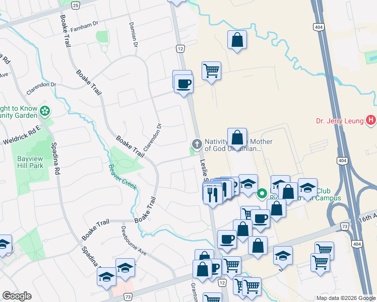 map of restaurants, bars, coffee shops, grocery stores, and more near 8 Headford Avenue in Richmond Hill