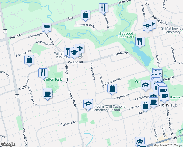 map of restaurants, bars, coffee shops, grocery stores, and more near 12 Pratt Circle in Markham