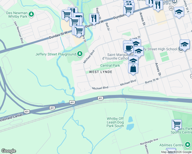map of restaurants, bars, coffee shops, grocery stores, and more near 21 Heda Court in Whitby