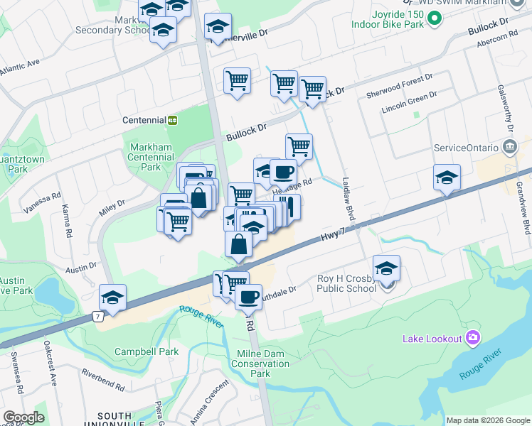 map of restaurants, bars, coffee shops, grocery stores, and more near 25 Heritage Road in Markham